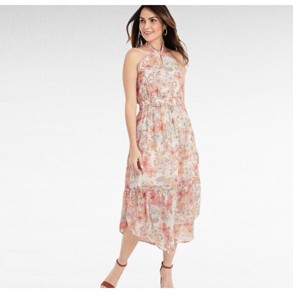Maurice’s Women’s L Front Twist Pink Floral Midi Halter Dress Cottage Core NWT - Picture 1 of 11